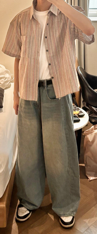 條紋短袖短款半袖襯衫
